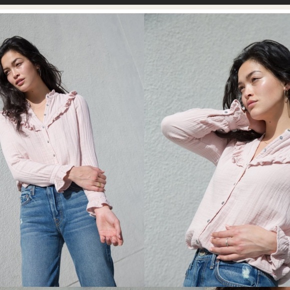 XiRENA  Gauze Esmay Ruffle Button Front Long Sleeve Shirt XS tan - Picture 2 of 6